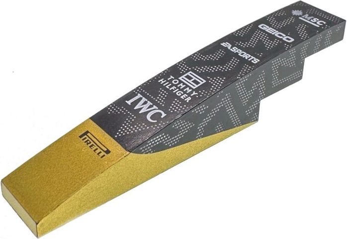 Slope, Curved 6 x 1 with White 'MSC', 'GEICO', 'EA SPORTS', 'TOMMY HILFIGER', 'IWC' and 'PIRELLI' Logos, Silver Dots and Gold Panel Pattern : {черен}
