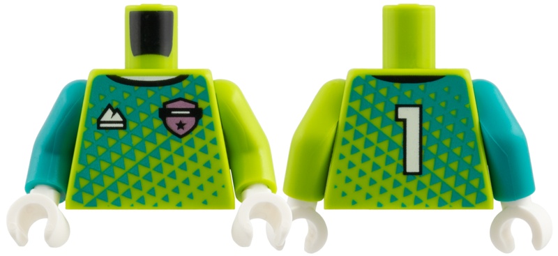 Torso Jersey, Dark Turquoise Triangles, Metallic Pink Badge, White Sports Mountain Logo and 1 on Back Pattern / Lime Arm Left / Dark Turquoise Arm Right / White Hands: {ярко жълто-зелен}