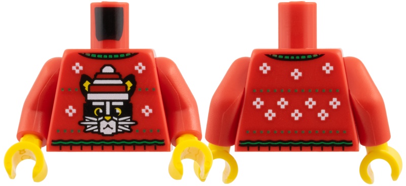 Torso Knit Fair Isle Holiday Sweater, Green Collar and Stripes, Black Cat with Christmas Stocking Cap, White Snowflakes Pattern / Red Arms / Yellow Hands: {ярко червен}