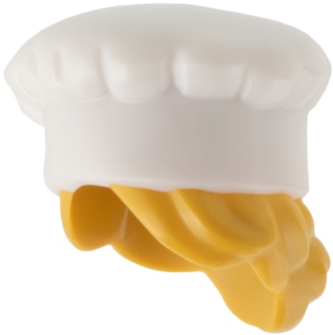 Minifigure, Hair Combo, Hat with Hair, Chef Toque with Molded Ochre Yellow Hair in Bun Pattern: {бял}