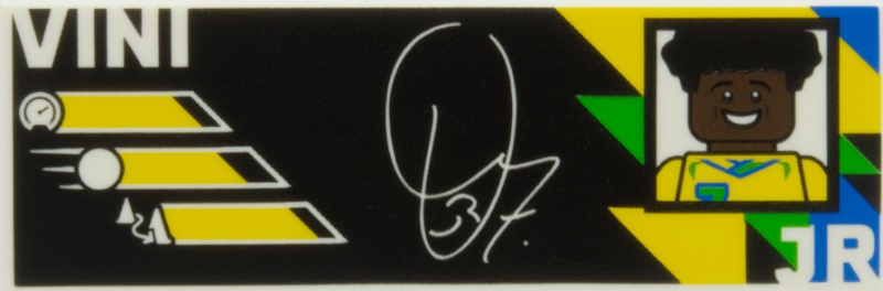 Tile 2 x 6 with White 'VINI JR.' and Signature, Blue, Bright Green and Yellow Portrait and Brazilian Flag Colors on Black Background Pattern: {бял}