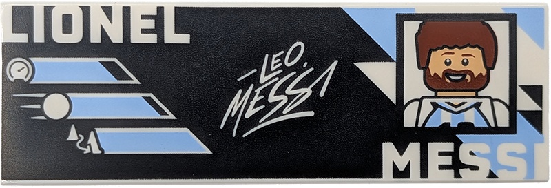 Tile 2 x 6 with White 'LIONEL MESSI' and Signature, Reddish Brown and Bright Light Blue Portrait and Argentine Flag Colors on Black Background Pattern: {бял}