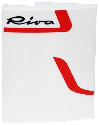 Slope, Curved 3 x 4 x 2/3 with Red Curved Lines and Black Script 'Riva' Logo Pattern Model Right Side: {бял}
