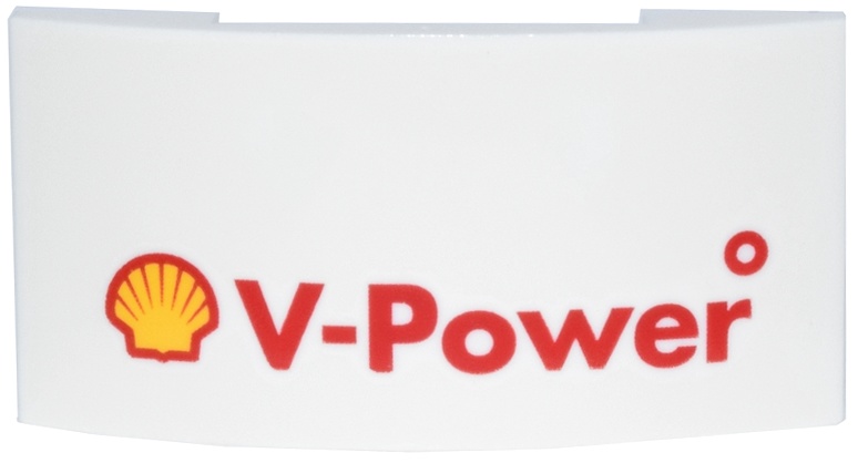 Slope, Curved 4 x 2 x 2/3 Double with Yellow Shell Logo and Red 'V-Power' Pattern: {бял}