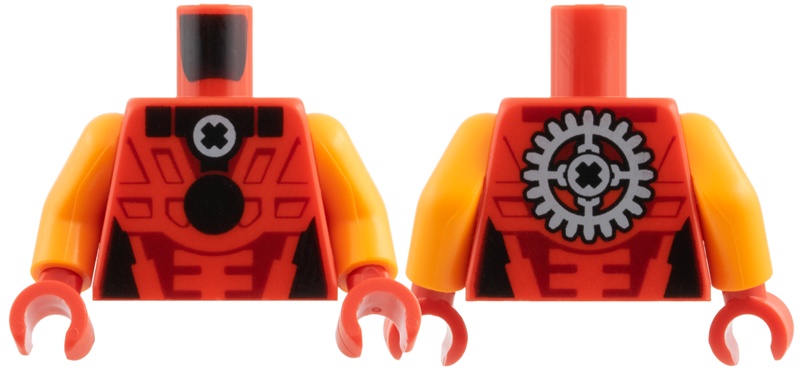 Torso Black Collar, Circle, X in Light Bluish Gray Circle, Dark Red Panel Lines, Gear on Back Pattern / Orange Arms / Red Hands: {ярко червен}