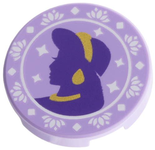 Tile, Round 2 x 2 with Bottom Stud Holder with Dark Purple and Gold Jasmine Silhouette, White Flowers, Stars, and Diamonds Pattern: {лавандулов}