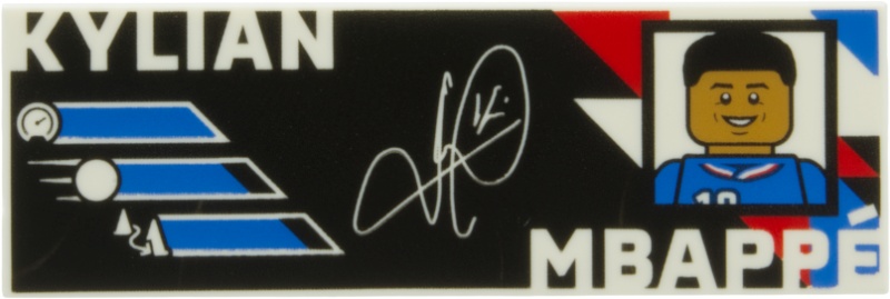 Tile 2 x 6 with White 'KYLIAN MBAPPÉ' and Signature, Blue and Red Portrait and French Flag Colors on Black Background Pattern {MBAPPE}: {бял}