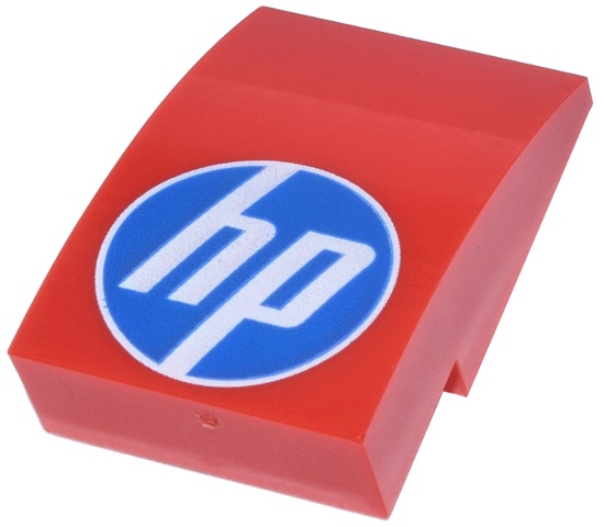 Slope, Curved 3 x 2 with Blue and White Circle 'hp' Logo Pattern: {ярко червен}