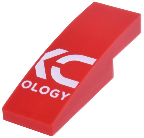 Slope, Curved 3 x 1 x 2/3 with White 'XC' and 'OLOGY' (DXC Technology) Logo Pattern Model Right Side: {ярко червен}