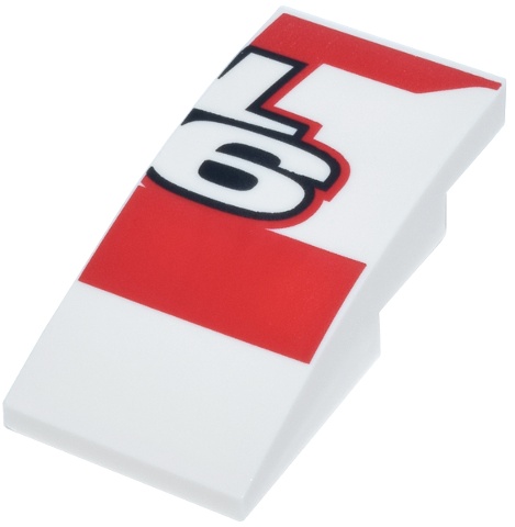 Slope, Curved 4 x 2 with Red Panels and Black Outline Letter L and Number 6 (CL 16) Logo Pattern Model Right Side: {бял}