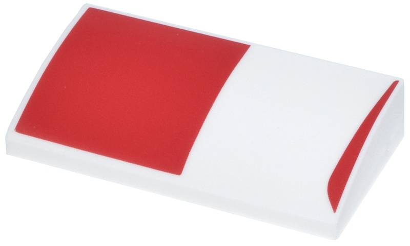 Slope, Curved 2 x 4 x 2/3 with Bottom Tubes with Red Square and Curved Line Pattern Model Right Side: {бял}