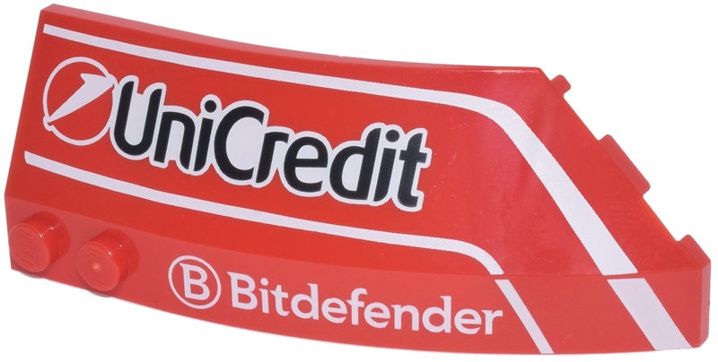 Wedge 8 x 3 x 2 Open Left with White Curved Lines and 'Bitdefender' and Black 'Unicredit' Logos Pattern: {ярко червен}