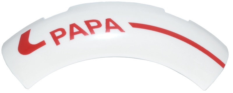Brick, Round Corner 4 x 4 without Studs with Red Curved Line and 'PAPA' Pattern Model Left Side: {бял}