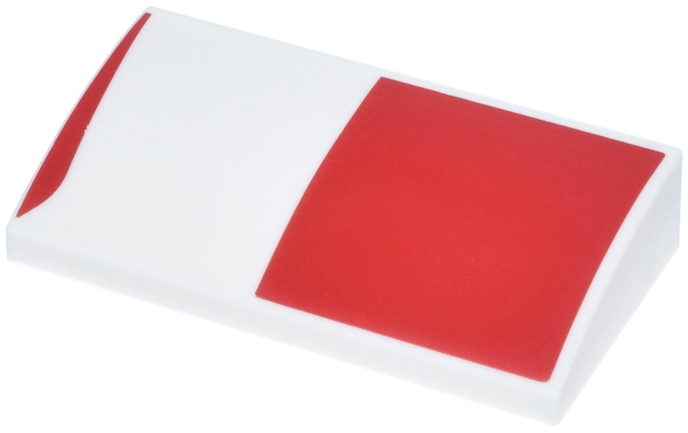 Slope, Curved 2 x 4 x 2/3 with Bottom Tubes with Red Square and Curved Line Pattern Model Left Side: {бял}