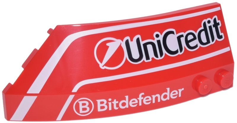 Wedge 8 x 3 x 2 Open Right with White Curved Lines and 'Bitdefender' and Black 'Unicredit' Logos Pattern: {ярко червен}