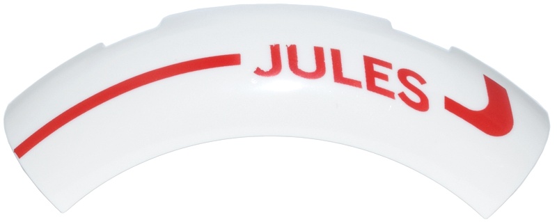 Brick, Round Corner 4 x 4 without Studs with Red Curved Line and 'JULES' Pattern Model Right Side: {бял}