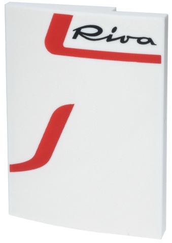 Slope, Curved 3 x 4 x 2/3 with Red Curved Lines and Black Script 'Riva' Logo Pattern Model Left Side: {бял}