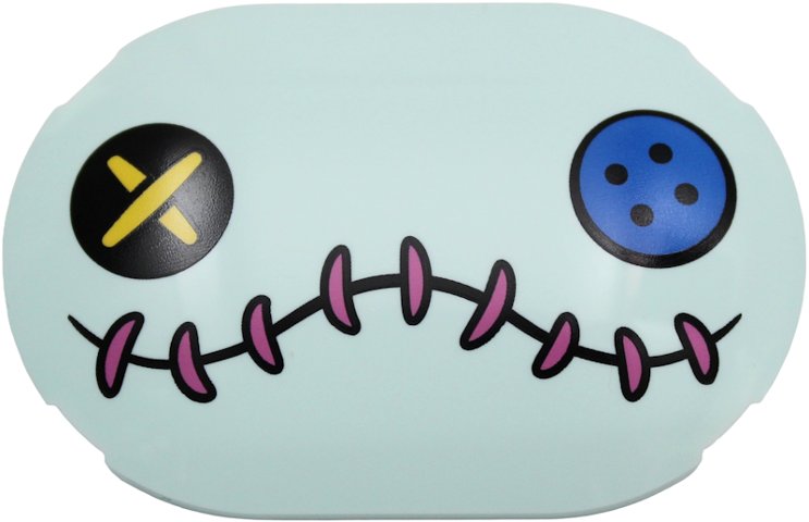 Brick, Round 4 x 6 x 2/3 Oval with Curved Top with Black, Blue and Yellow Eyes and Mouth with Dark Pink Stitching Pattern (Scrump Face): {аквамарин}