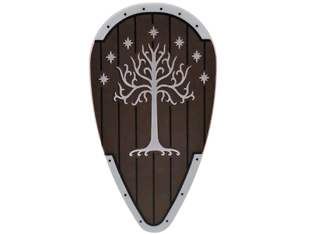 Minifigure, Shield Oval with Silver Stars and Tree (White Tree of Gondor) on Dark Brown Wooden Background Pattern: {умерено каменно сив}