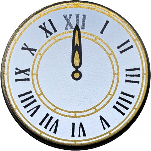 Tile, Round 2 x 2 with Bottom Stud Holder with White Clock Face with Gold Hand and Circles, Black Roman Numerals Pattern: {черен}