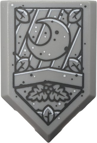Tile, Modified 2 x 3 Pentagonal with Sign with Moon and Leaves, Dark Bluish Gray and White Outline, Diagonal Lines and Dots Pattern: {умерено каменно сив}