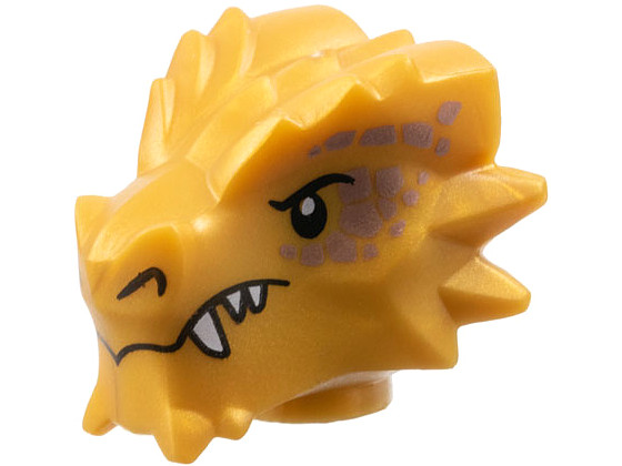Minifigure, Head, Modified Dragon with Black Eyes and Nostrils, Copper Scales, White Sharp Teeth Pattern: {топло златист}