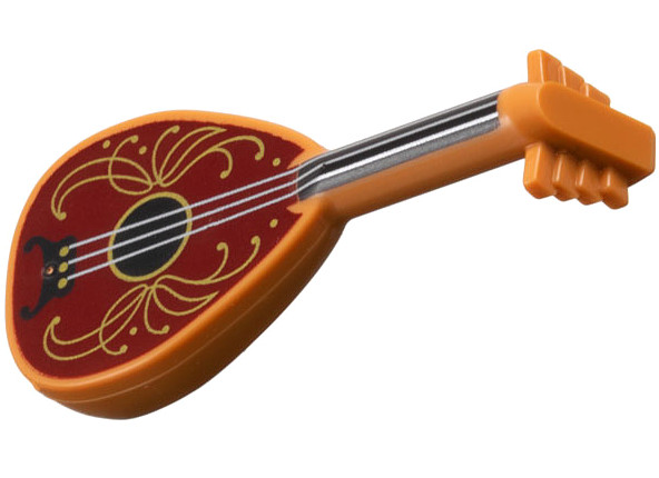 Minifigure, Utensil Musical Instrument, Lute with Black Neck, Silver Strings, and Dark Red Body with Gold Filigree Trim Pattern: {умерен нуга}