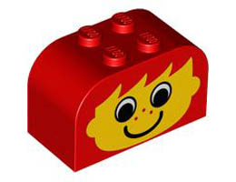 Slope, Curved 4 x 2 x 2 Double with Four Studs with Yellow Face, Freckles and Ears Pattern: {ярко червен}