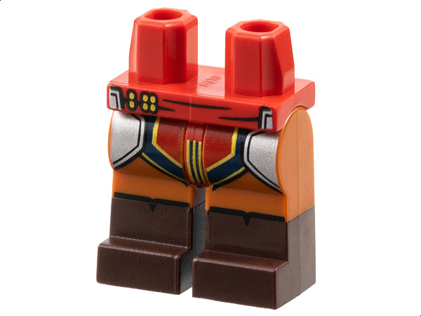 Hips and Dark Orange Legs with Molded Dark Brown Lower Legs / Boots and Printed Silver Armor, Red and Dark Blue Loincloth with Gold Trim Pattern: {ярко червен}