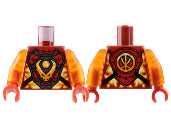 Torso Armor Breastplate, Orange Flame, Dragon Head and Orb, Logogram 'K' on Back Pattern / Trans-Orange Arms / Red Hands: {нов тъмно червен}