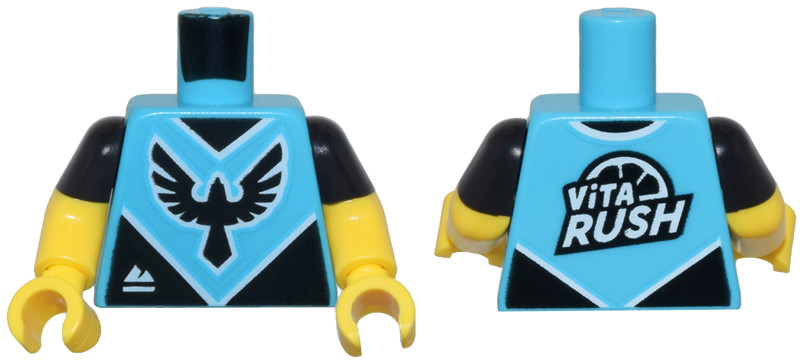 Medium Azure Torso Jersey with Black Bird Emblem and White 'ViTA RUSH' and Mountains Logo Pattern / Yellow Arms with Molded Black Short Sleeves Pattern / Yellow Hands: {умерено небесносин}
