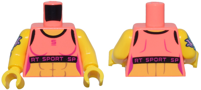Coral Torso Female Crop Top, Black Trim, Magenta 'SPORT' over Yellow Bare Skin with Muscles Pattern / Yellow Arm Left / Yellow Arm Right with Flower Tattoo Pattern / Yellow Hands: {пъстро коралов}