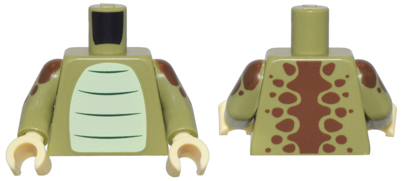 Olive Green Torso Yellowish Green Stomach, Dark Green Stripes, and Reddish Brown Dinosaur Spine and Spots Pattern / Olive Green Arms with Dinosaur Spots Pattern / Tan Hands: {маслинено зелен}