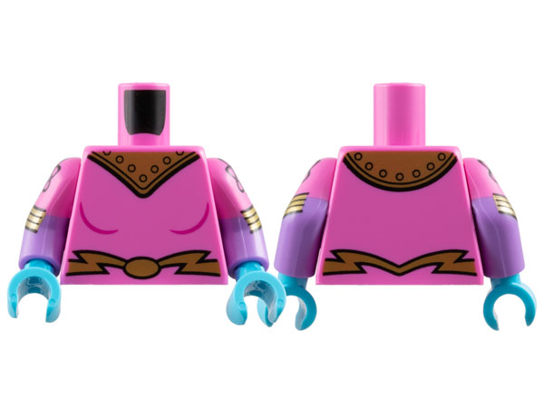 Torso Female Uniform with Gold Shoulder Armor with Rivets and Belt with Oval Buckle Pattern / Medium Lavender Arms with Molded Dark Pink Short Sleeves and Printed Atoms and Gold Stripes Pattern / Medium Azure Hands: {ярко пурпурен}