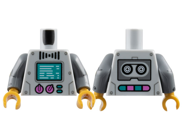 Torso Robot with Dark Bluish Gray Rivets, Dark Turquoise Screen and Buttons, Dark Pink Dials, Black Tape Reels on Back Pattern / Dark Bluish Gray Arms with Gold Circles, Black Rivets and Lines with Arcs Pattern / Pearl Gold Hands: {умерено каменно сив}