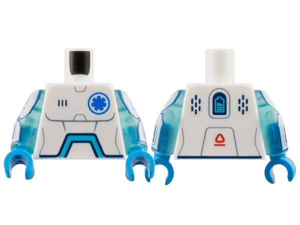 Torso Robot with Sand Blue Panel Lines, Blue EMT Star of Life, Dark Azure Angled Arc, Battery Level and Red Symbol on Back Pattern / Trans-Light Blue Arms with White Panels with Red Symbols and Medium Azure Medical Chart and '37°' on Dark Blue Screens Pat: {бял}