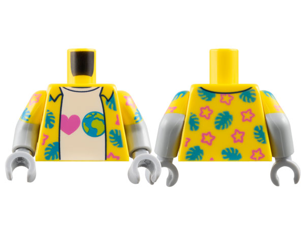 Torso Hawaiian Shirt Open with Dark Azure Leaves and Dark Pink Stars over White T-Shirt with Heart and Earth Pattern / Light Bluish Gray Arms with Molded Yellow Short Sleeves and Printed Dark Azure Leaves and Dark Pink Stars Pattern / Light Bluish Gray Ha: {ярко жълт}