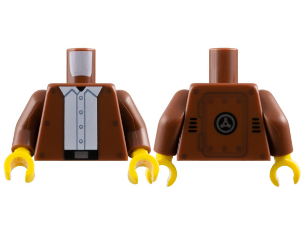 Torso Jacket Open with Dark Brown Rivets over White Shirt with Buttons, Black Belt with Silver Buckle, Hinged Panel on Back Pattern / Reddish Brown Arms / Yellow Hands: {червеникаво-кафяв}
