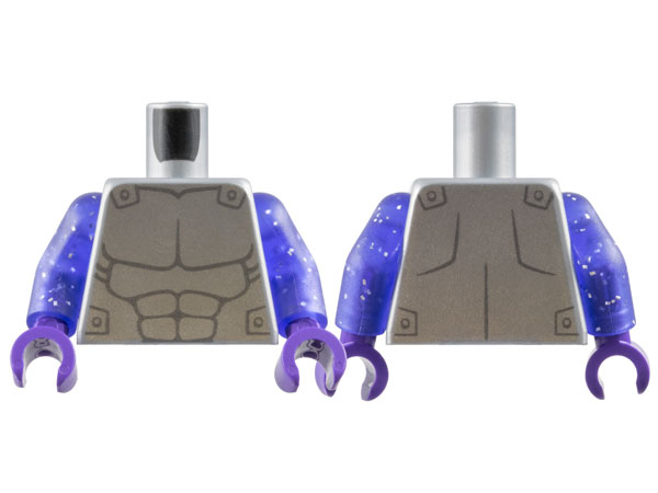 Torso Silver Armor with Dark Bluish Gray Muscles Outline Pattern / Glitter Trans-Purple Arms / Dark Purple Hands: {сребърно метален}