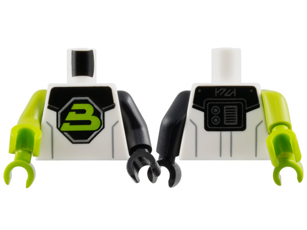 Torso Space Lime Capital Letter B on Black Octagon Blacktron II Logo, Shoulder Armor, Dark Bluish Gray Lines Pattern / Black Arm Left / Lime Double Arm Right / Black Hand Left / Lime Hands Right: {бял}