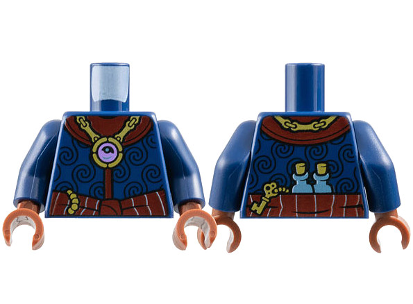 Torso Cloak with Black Spirals, Dark Red Collar and Sash, Gold Jewel Necklace, Key and Flasks on Back Pattern / Dark Blue Arms / Reddish Brown Hands: {земно син}