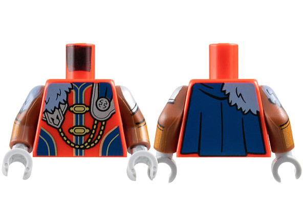 Torso Tunic, Silver Armor, Gold Claps and Chain, Sand Blue Fur, Dark Blue Cape Pattern / Reddish Brown Arms with Armor, Fur, and Gauntlets Pattern / Light Bluish Gray Hands: {ярко червен}