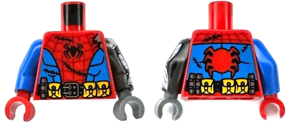 Torso Spider-Man Costume, Dark Red Webbing, Black Spider and Stitches, Blue Panels, Utility Belt with Buckle, Pouches and Grenades Pattern / Pearl Dark Gray Arm Left with Armor and Grenades Pattern / Blue Arm Right / Dark Bluish Gray Hand Left / Red Hand : {ярко червен}