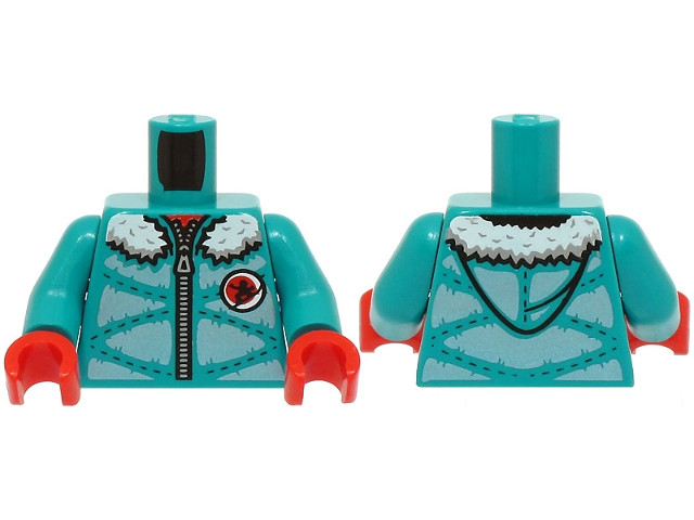 Torso Winter Jacket Padded with Hood, Metallic Light Blue Panels, Zipper and White Fur Lining Pattern (BAM) / Dark Turquoise Arms / Red Hands: {ярко синьо-зелен}