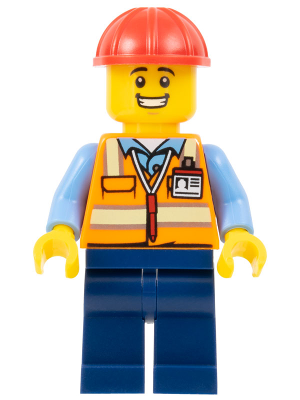 Construction Worker - Male, Orange Safety Vest with Reflective Stripes, Dark Blue Legs, Red Construction Helmet, Large Grin – БРИКЛИНК ДЕЗАЙНЕРСКА ПРОГРАМА