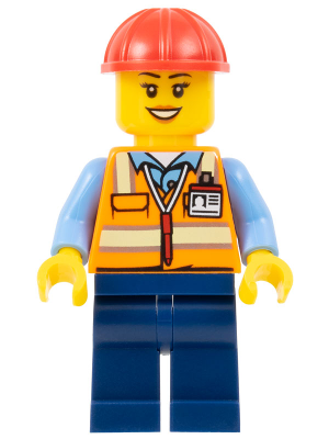 Construction Worker - Female, Orange Safety Vest with Reflective Stripes, Dark Blue Legs, Red Construction Helmet (Crane Operator) – БРИКЛИНК ДЕЗАЙНЕРСКА ПРОГРАМА