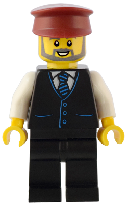 Station Master - Black Vest with Blue Striped Tie, Black Legs, Dark Red Hat, Beard – БРИКЛИНК ДЕЗАЙНЕРСКА ПРОГРАМА