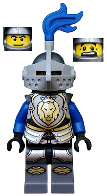 Castle - King's Knight Armor with Lion Head with Crown, Helmet with Pointed Visor, Blue Plume, Determined / Open Mouth Scared Pattern – ЗАМЪЦИ