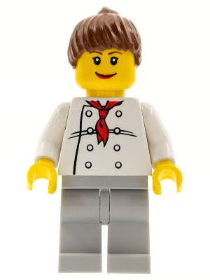 Chef - White Torso with 8 Buttons, Light Bluish Gray Legs, Reddish Brown Ponytail Hair, Brown Eyebrows, Female – ГРАДСКИ