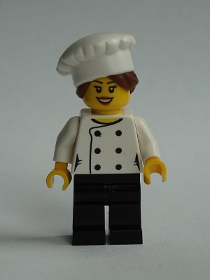 Chef - Black Legs, Open Mouth Smile, Hair in Bun, 'LEGO HOUSE Home of the Brick' on Back, Female – ГРАДСКИ